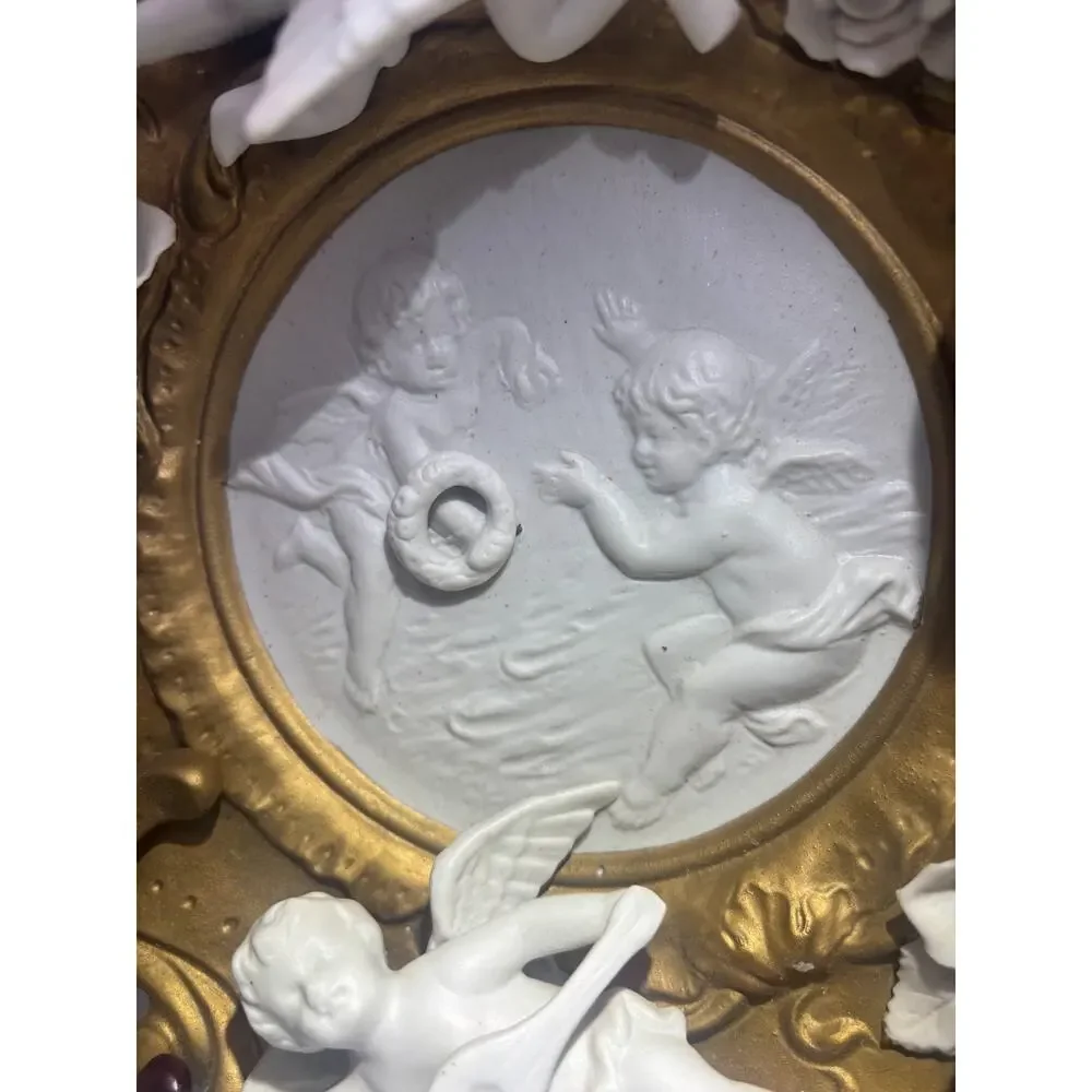 Vintage Art Nouveau Candle Holder Sconce Porcelain Cherubs Angels Gold/ White